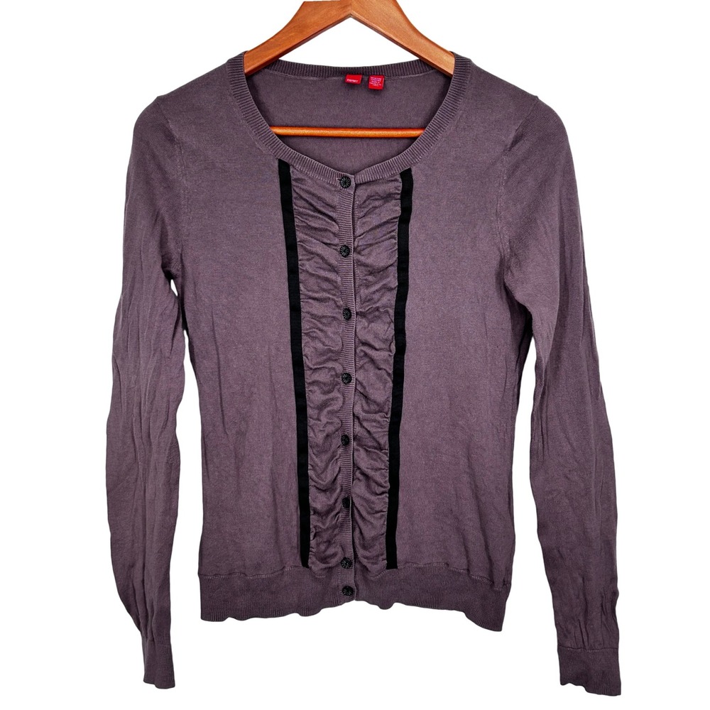 Esprit Button Up Cardigan Ruching and Ribbon Accent Purple with Black Medium?